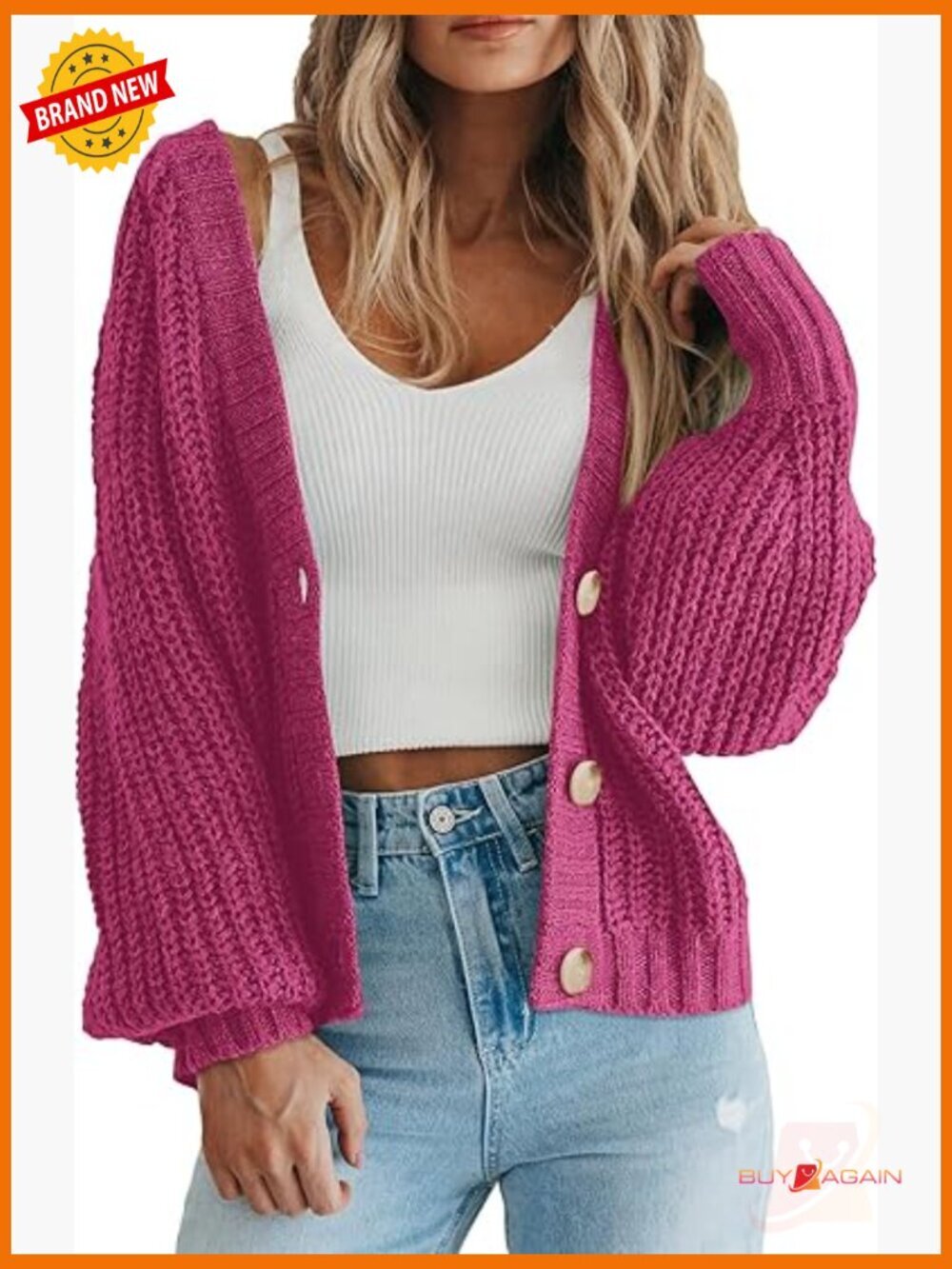 Chunky Knit Open Front Button Cardigan Long Sleeve Loose Short